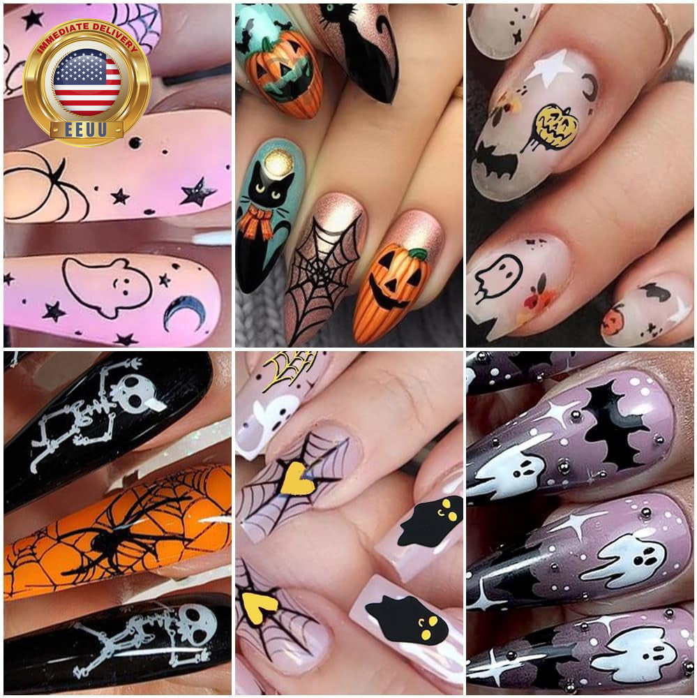 Halloween Ghost Nail Stickers - 3D Self-Adhesive Gold & Black Decals for Nail Art