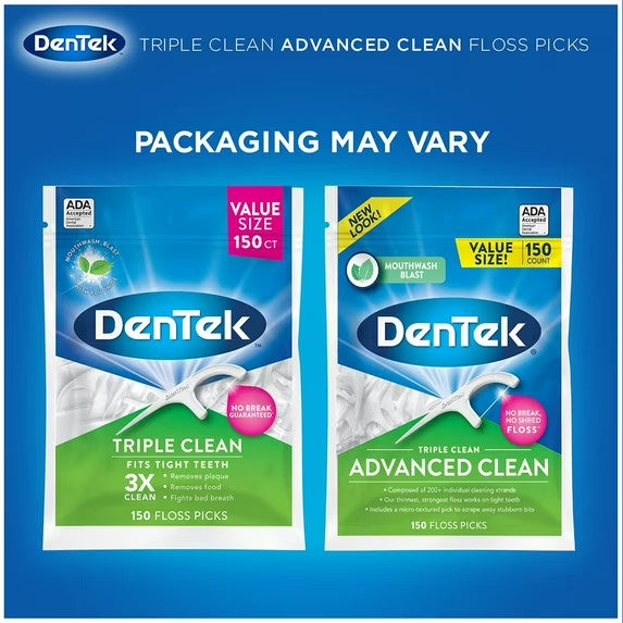 DenTek Triple Clean Floss Picks 150 Count Pack - No Shred, Interdental & Tongue Cleaner