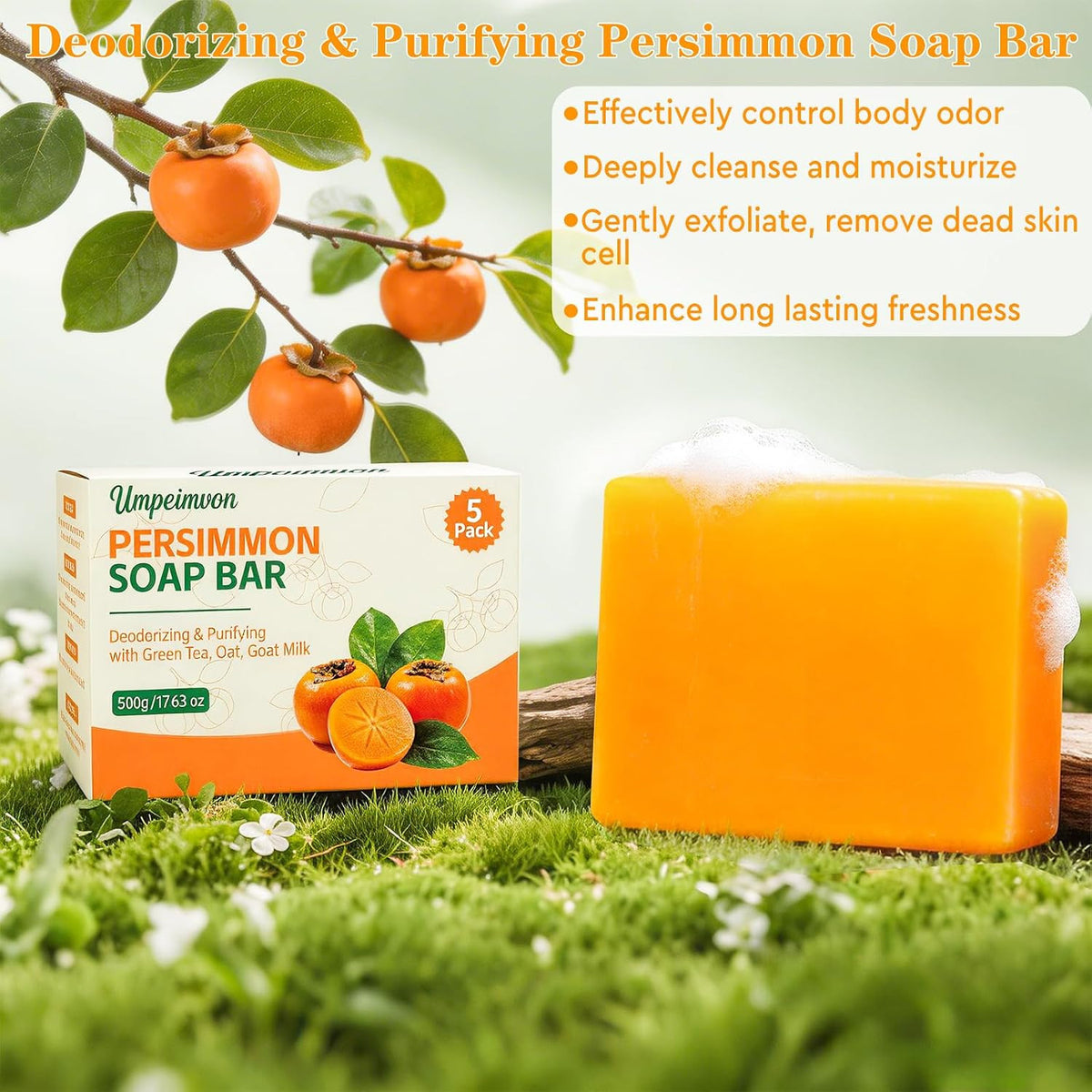 Persimmon Soap Bar for Body Odor Removal - 5 Pack Natural Deodorant