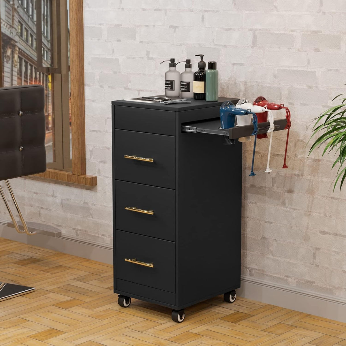 Black Salon Trolley Cart with Wheels and Drawers for Hair Styling Equipment