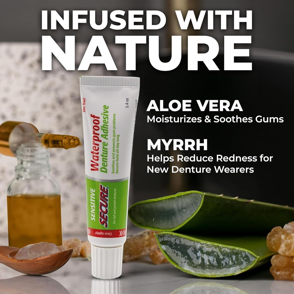 Strong Denture Adhesive Waterproof No Zinc Long-Lasting & Soothing Aloe Vera
