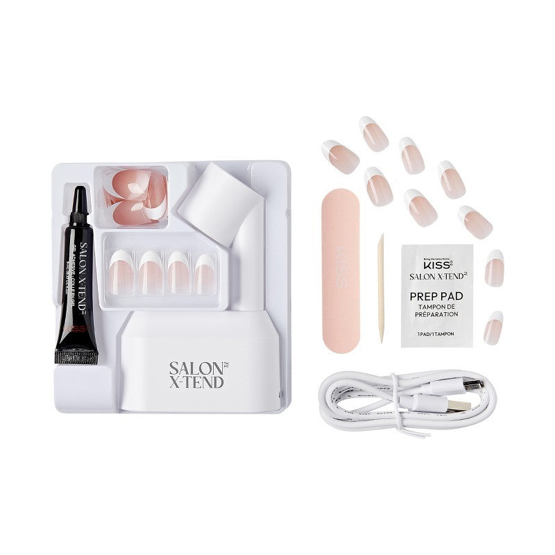 Gel Nail Kit with LED Lamp - Medium Oval Fake Nails, French Style, 34 Pieces