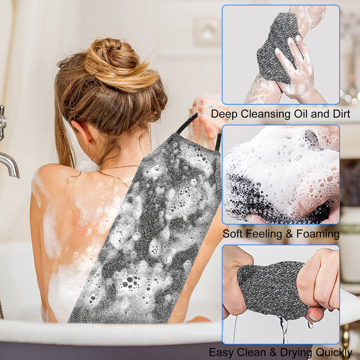 Exfoliating Back Scrubber Towel - Stretchable Body Wash Cloth for Shower & Bath