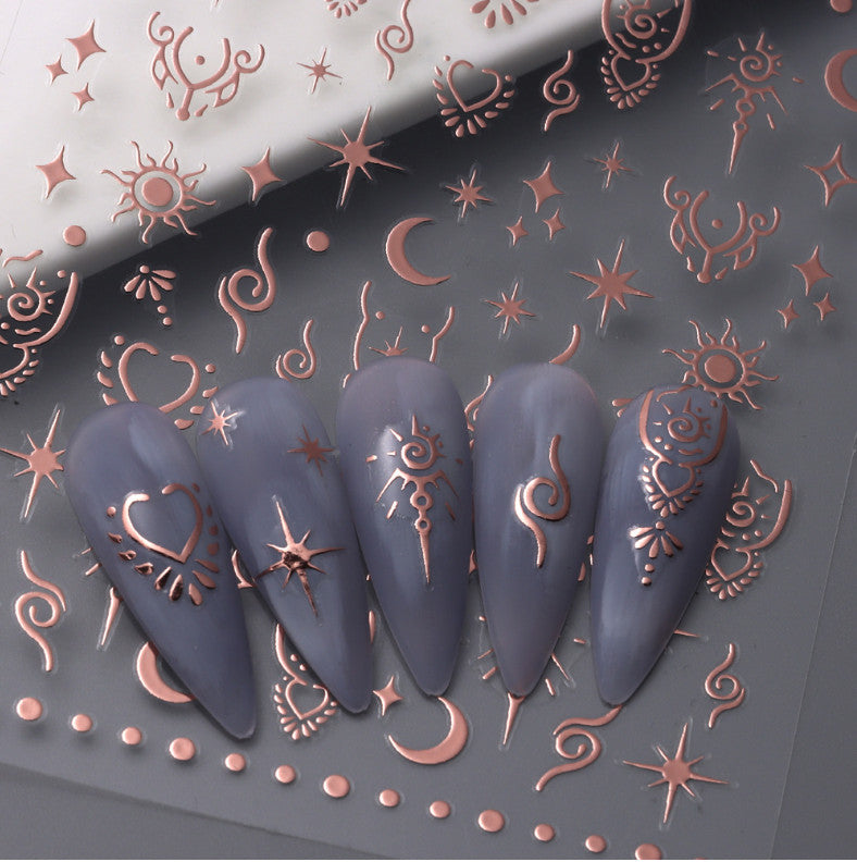 Retro Star Moon Metallic Nail Stickers - Gold Silver Laser 3D Nail Art