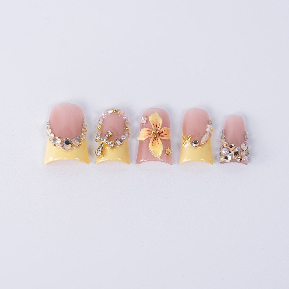 10pcs Vibrant Peach Yellow Square Nail Art Set with 3D Flower Beads - Garden Party Style