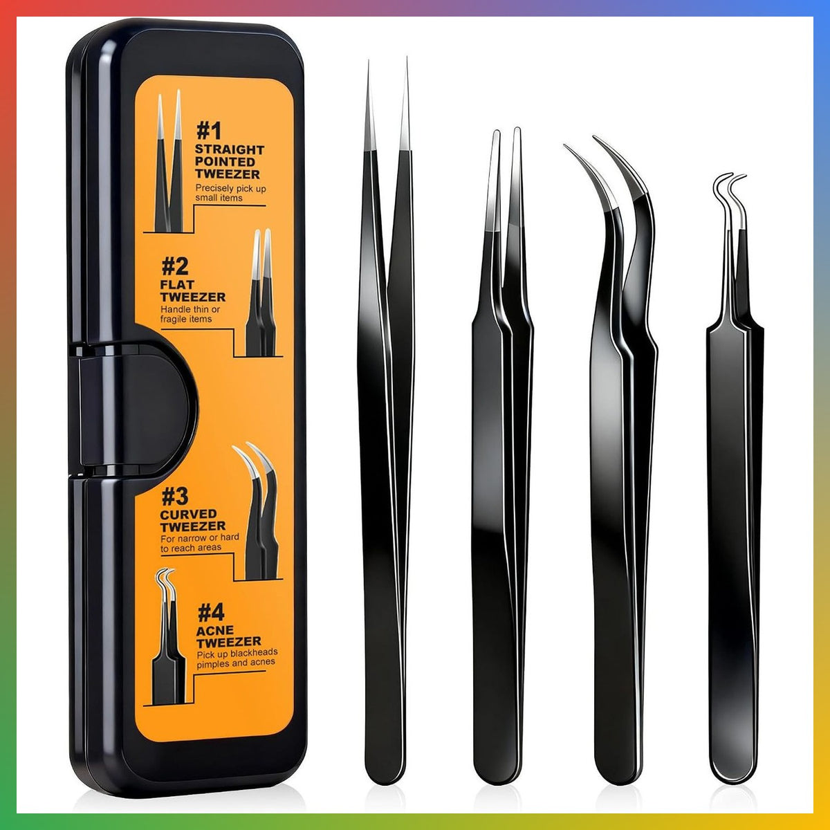 Precision Tweezers Set 4 Pack - Fine Point Curved Flat Angled for Crafts & Electronics