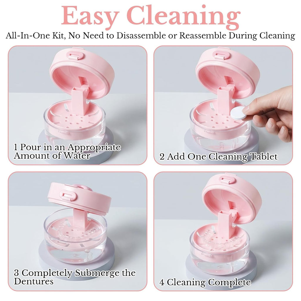 Denture and Retainer Cleaning Case with Auto-Lifting Strainer, Mirror & Brush