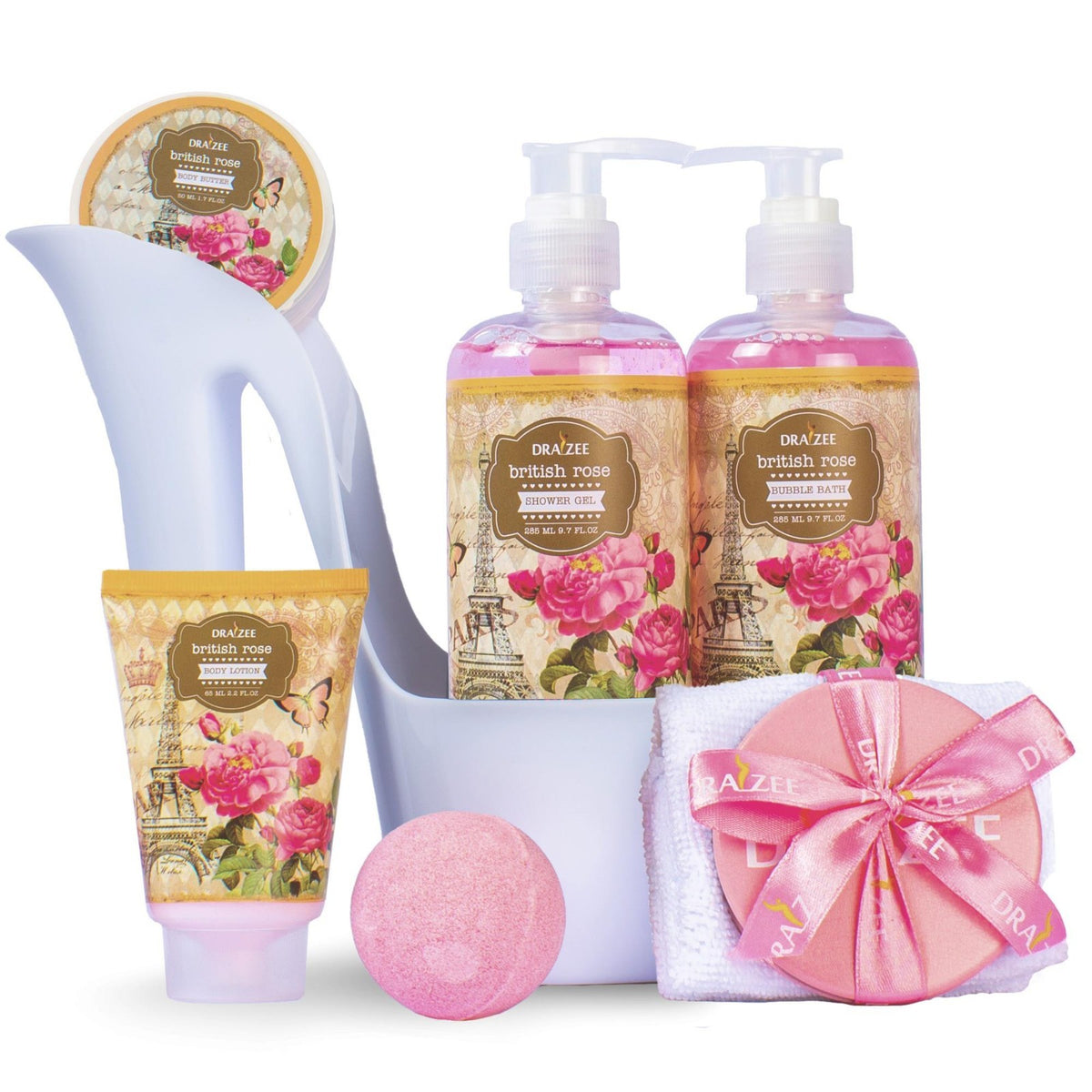 Luxury Rose Scented Shoe Spa Gift Set - 8 Piece Bath & Body Basket for Women