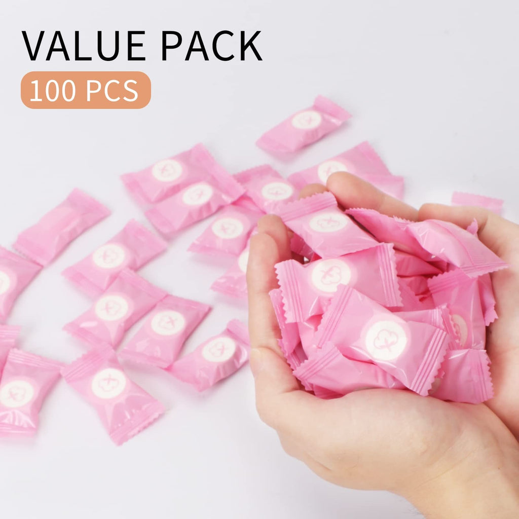 Compressed Face Towels Tablets - Reusable Travel Mini Towels (100 Pack, Pink)