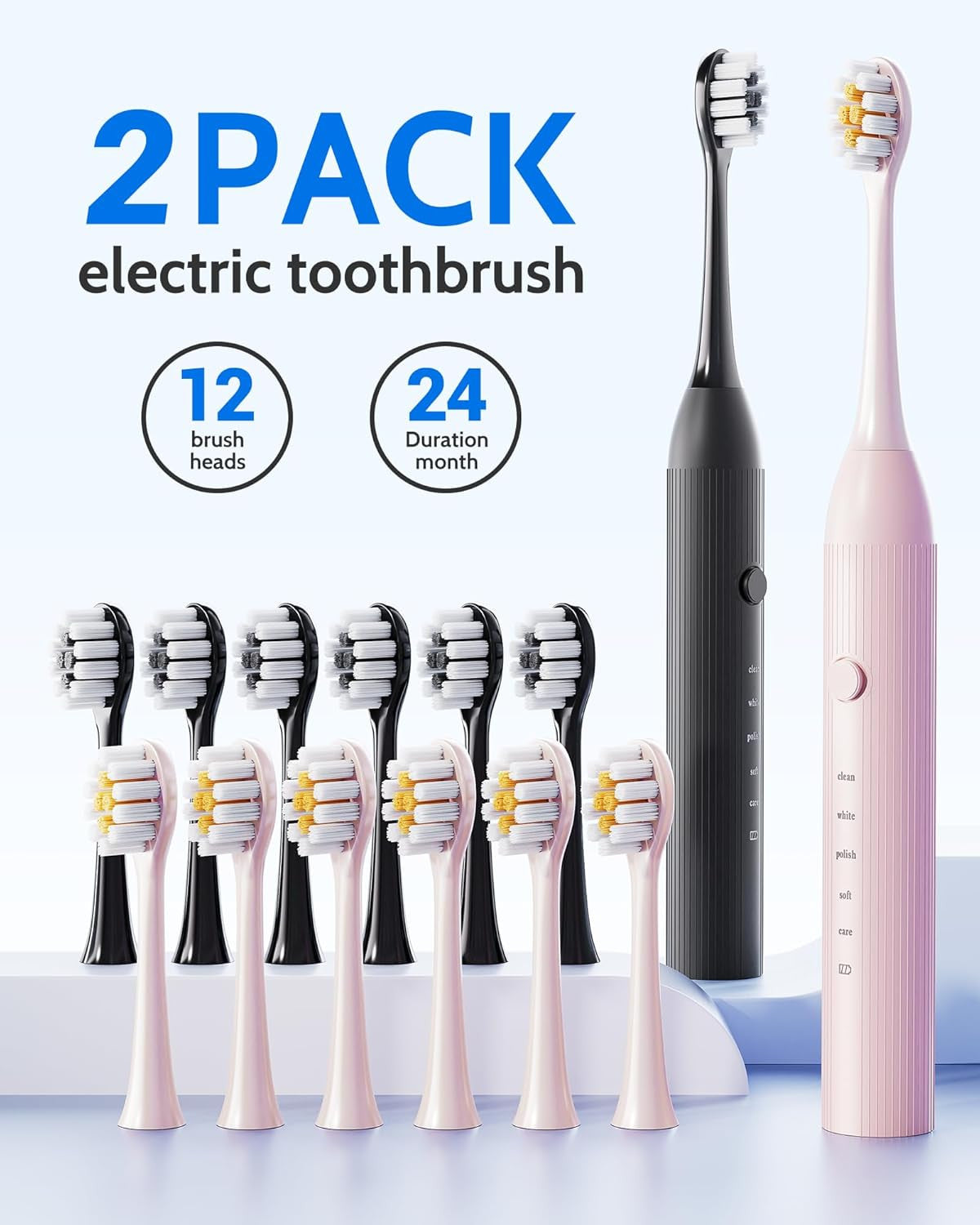 Electric Toothbrush Set with 12 Replacement Heads, 5 Modes, 2 Pack