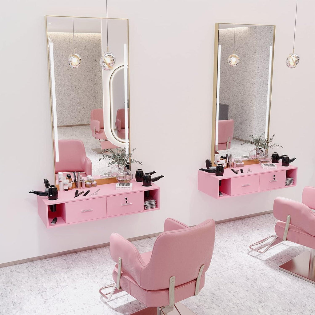 Wall Mount Barber Station with Lockable Drawers and Dryer Holders for Salon & Spa