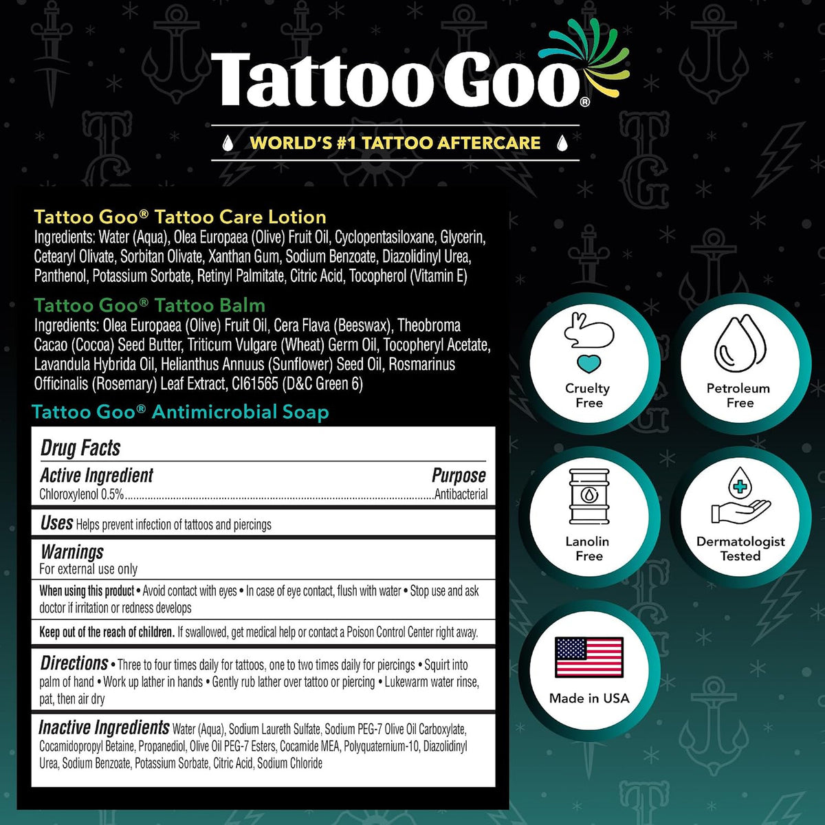 Tattoo Aftercare Kit - 3-Piece Set with Antimicrobial Soap, Balm & Lotion