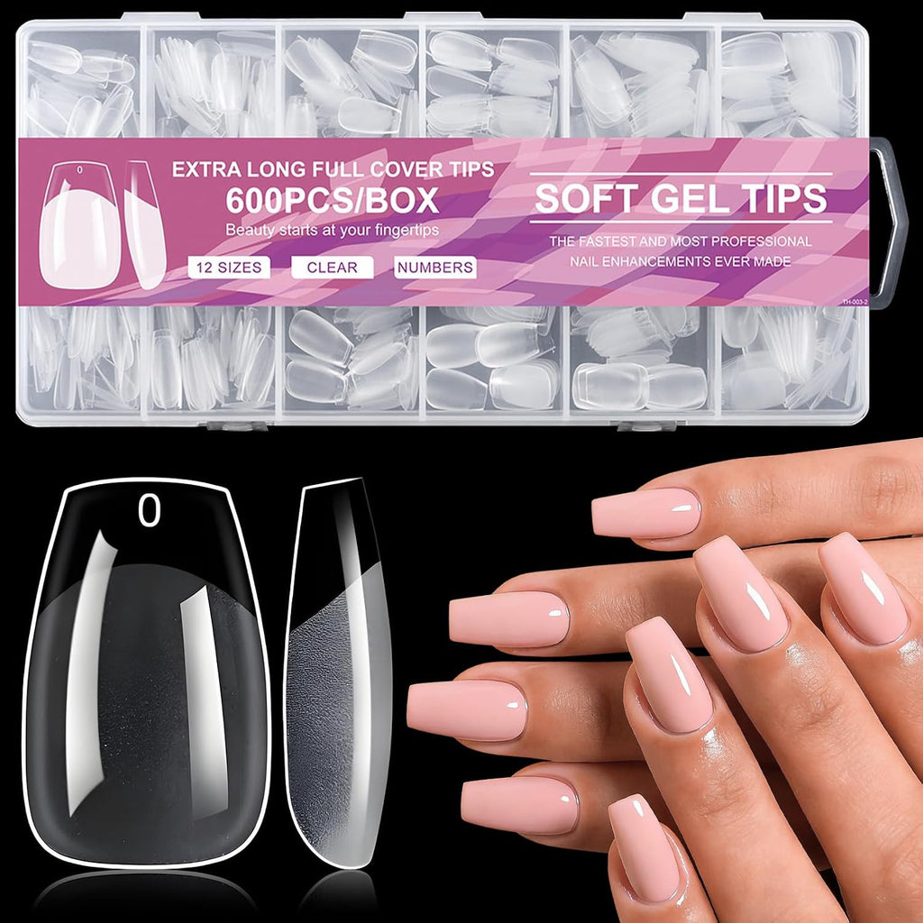 600Pcs Short Coffin Gel Nail Tips - Full Cover False Nails Set, 12 Sizes
