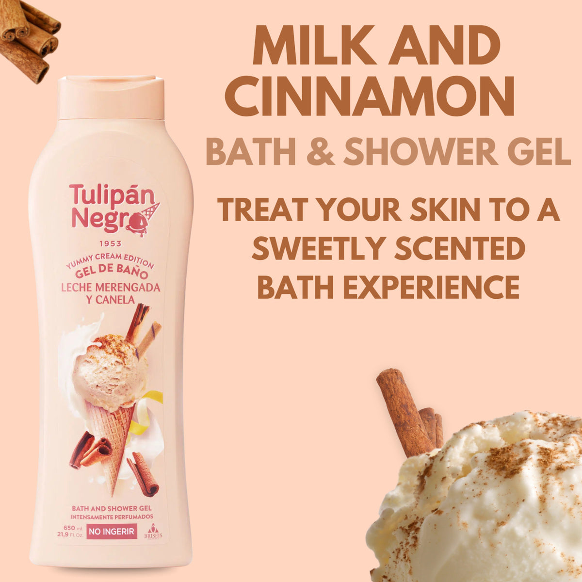 Milk & Cinnamon Shower Gel - Tulipan Negro Meringue 21.9 fl oz, Gentle Body Wash