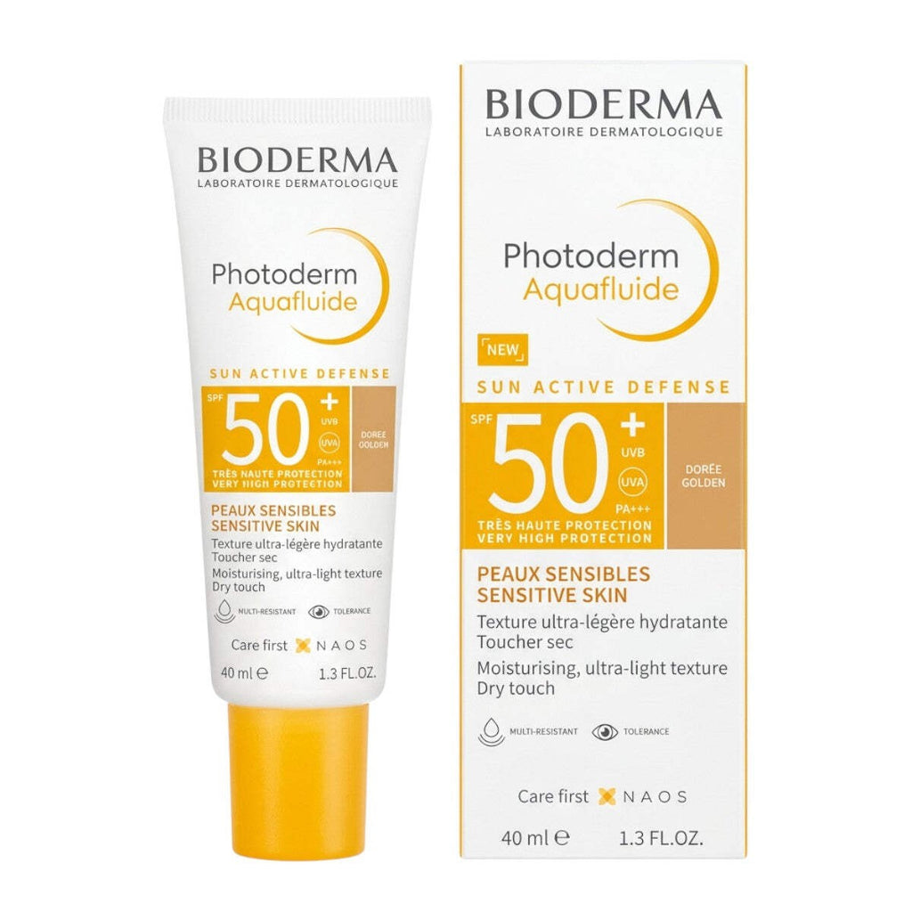 SPF 50+ Broad Spectrum Sunscreen with Golden Tint – Ultra-Light Water-Based Fluid, 40 ml