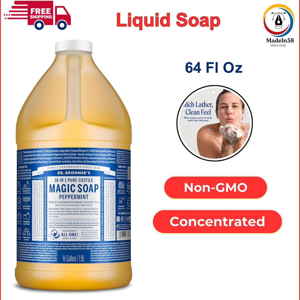 Pure Castile Liquid Soap - Peppermint, Vegan, 64 Oz - Multi-Purpose Natural Cleaner