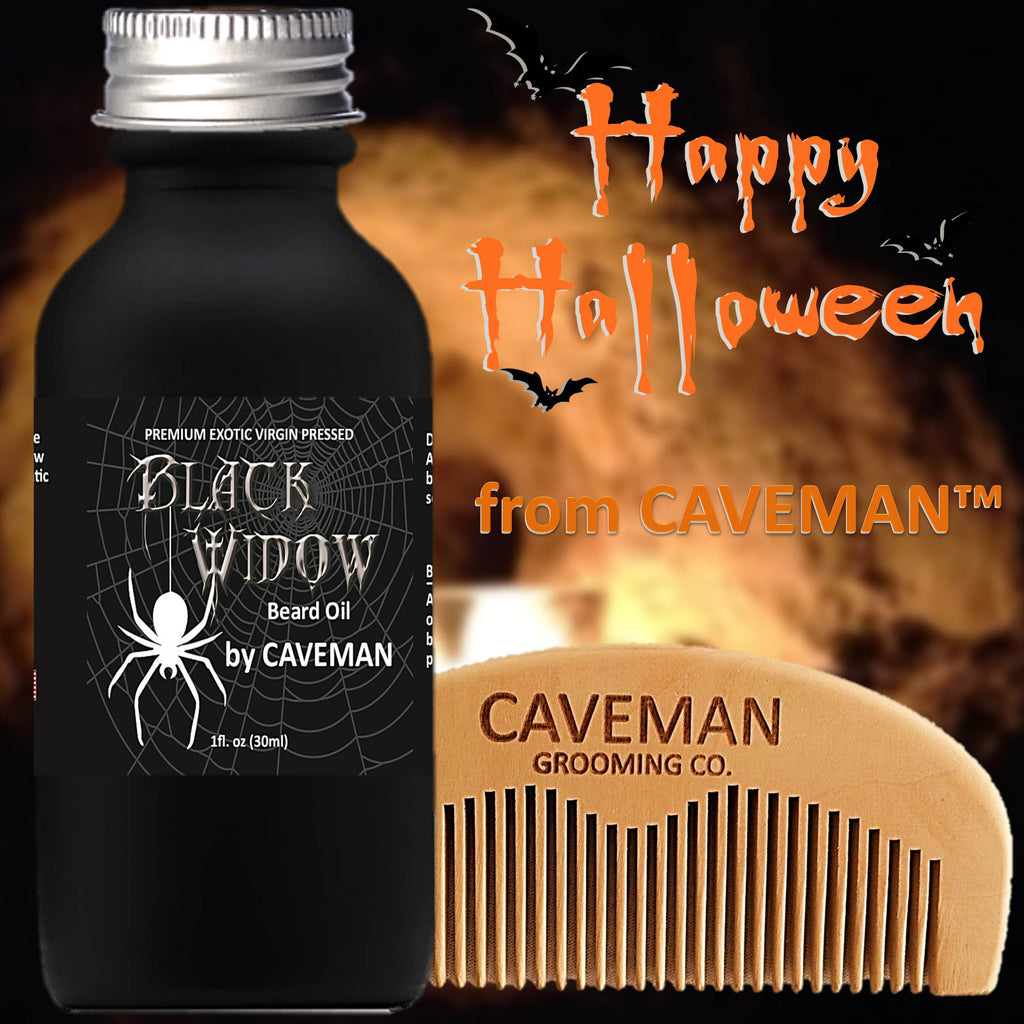 Premium Beard Oil Set with Balm and Wooden Comb - Caveman Black Widow Edition
