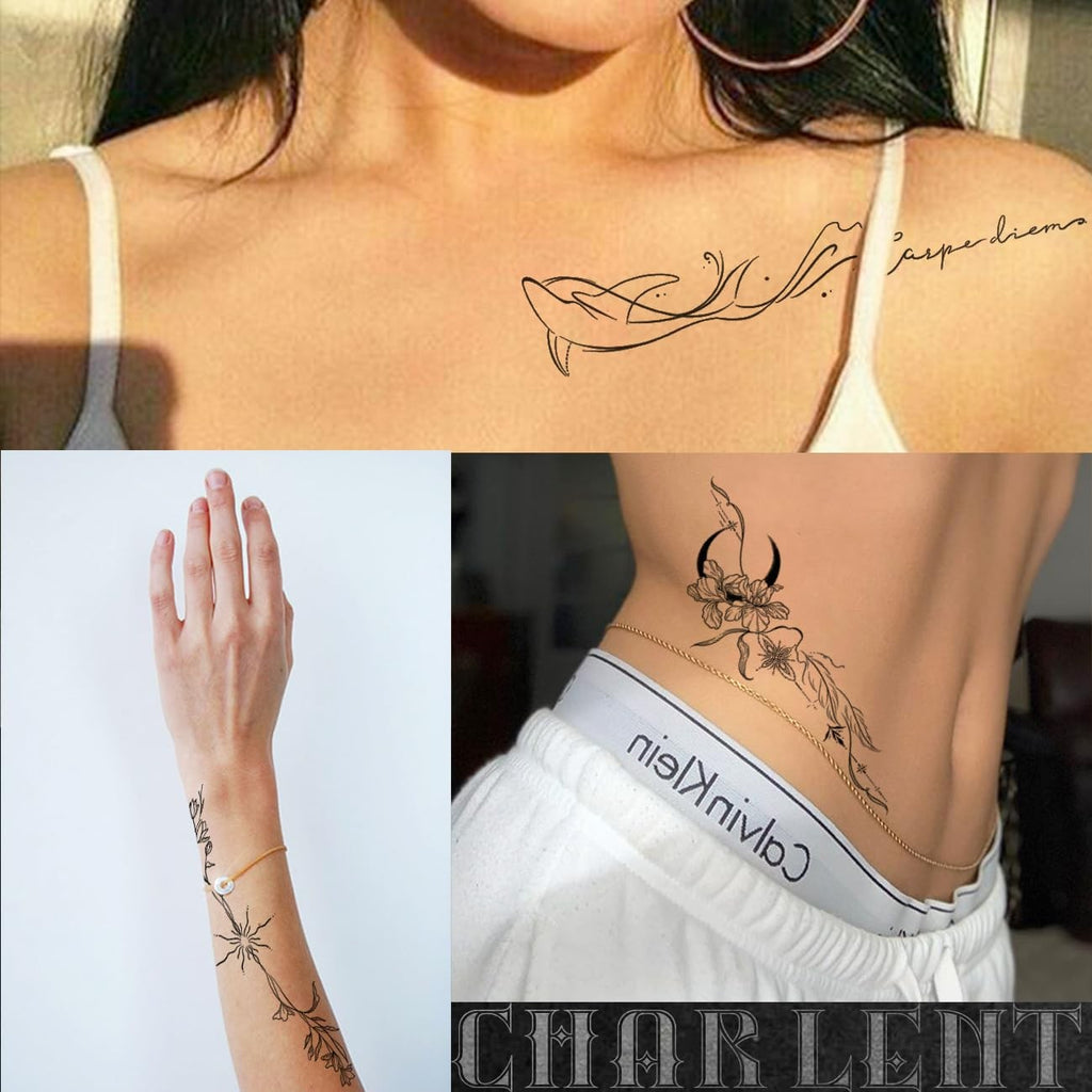 Temporary Tattoos for Women: 45 Pcs Line Flower Word Sketch Set