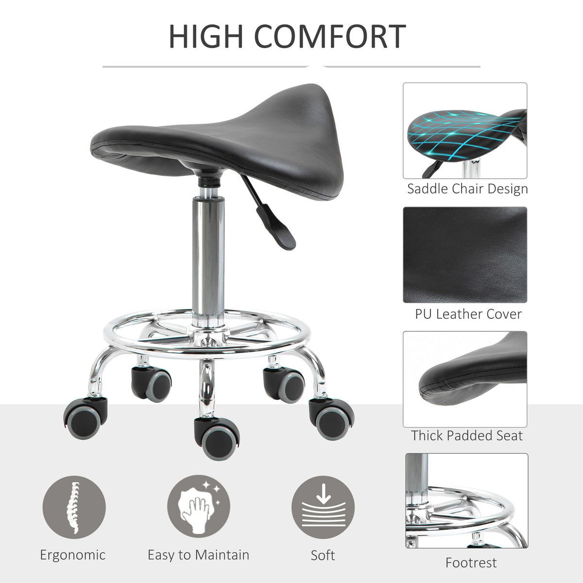 Adjustable Rolling Saddle Stool for Salon Spa Massage Black