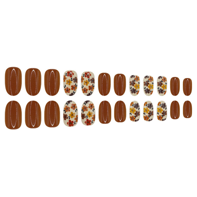 48 Pcs Retro Floral Caramel Almond Fake Nail Set - Press On Nails, Elegant Warm Style