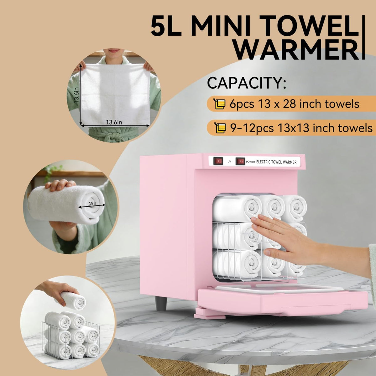 5L Pink Towel Warmer for Spa Salon - Compact Hot Towel Cabinet