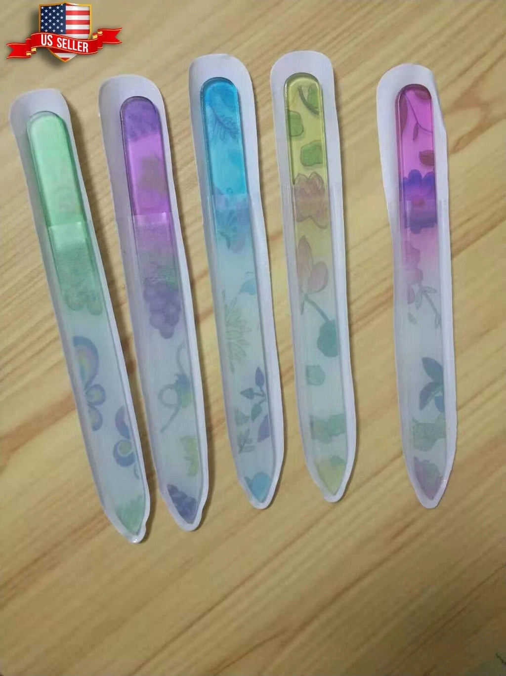 Glass Nail File Set with Case - Double Sided Crystal Manicure Tools, Colorful Flower Pattern
