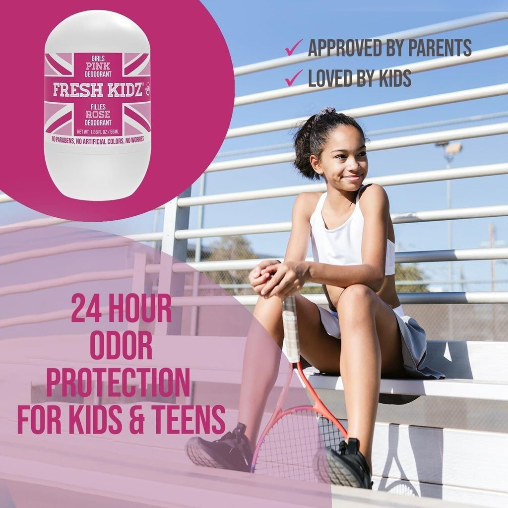 Kids Pink Roll-On Deodorant - Aluminum-Free, 24 Hour Odor Protection, Sensitive Skin Safe