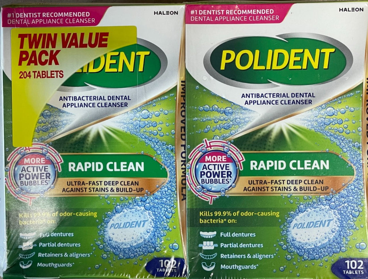 Polident Rapid Clean Dental Appliance Cleanser Tablets - 102 Count (204 Total)