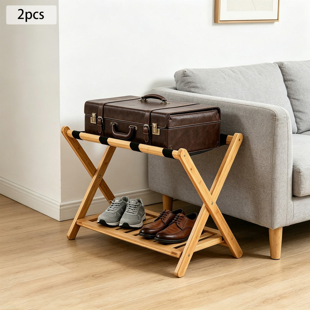 Foldable Wooden Luggage Rack with Dual-Tier Design for Hotel & Home