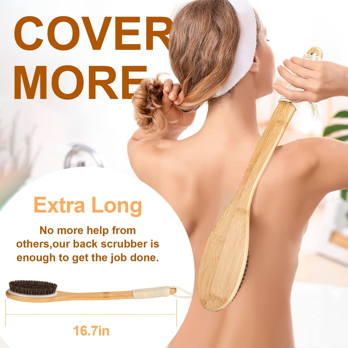 Wood Curved Bath Brush with Long Handle for Back Exfoliation