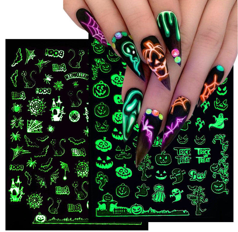 Glow-in-The-Dark Halloween Nail Stickers - Skull Ghost Pumpkin Spider Web Bat 6 Pack