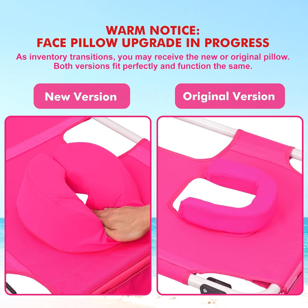 Outdoor Folding Sun Lounger with Canopy and Face Hole - Heavy Duty Pink