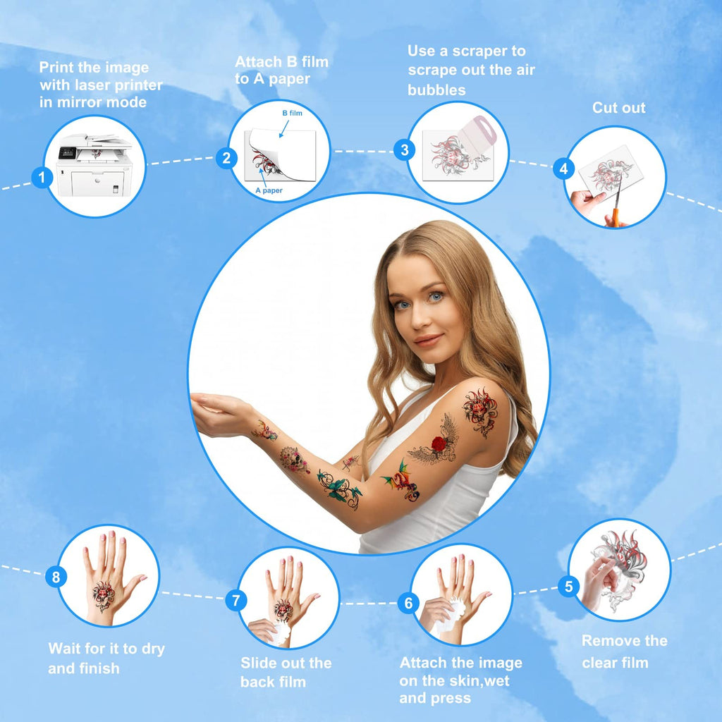 Printable Temporary Tattoo Paper for Laser Printers, 8.5 x 11 in, White - 5 Sets