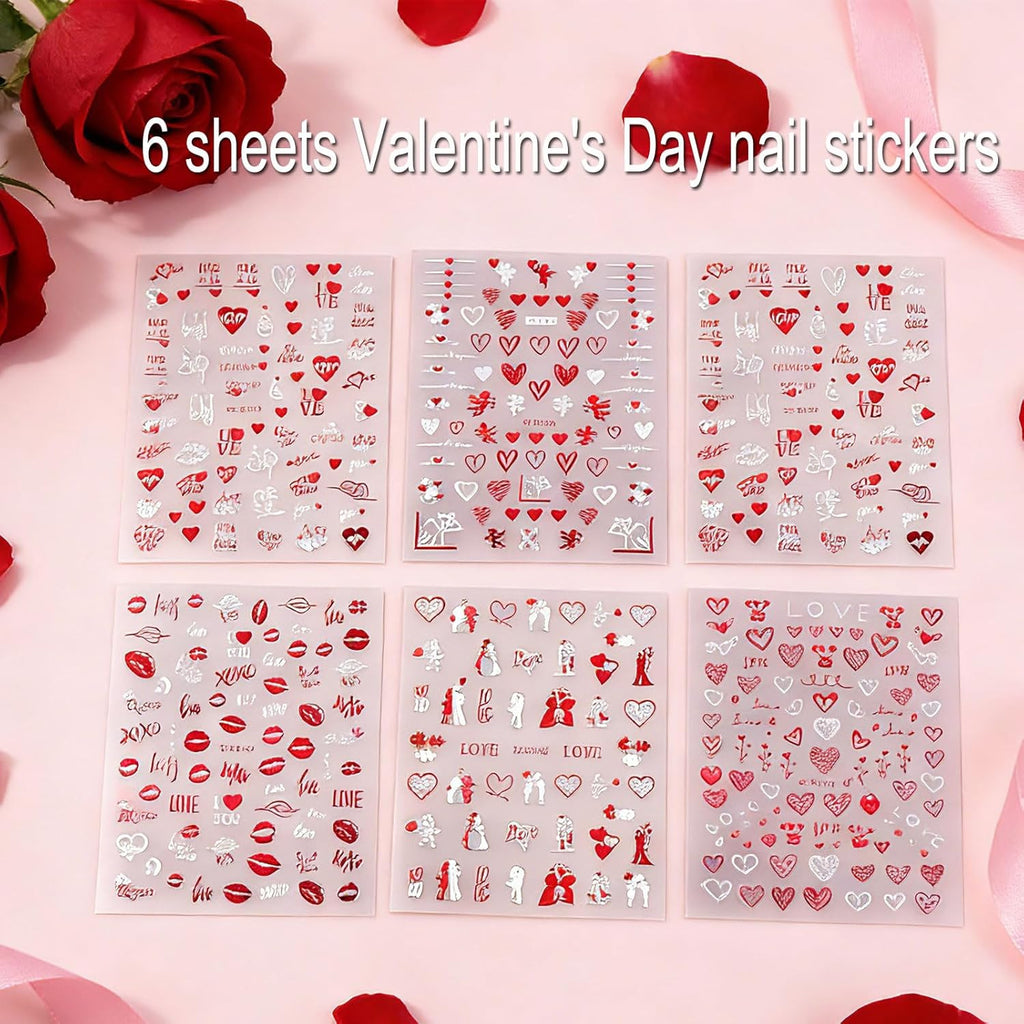 Valentine's Day Nail Stickers 3D Red Heart & Love Decals Set - Romantic Nail Art