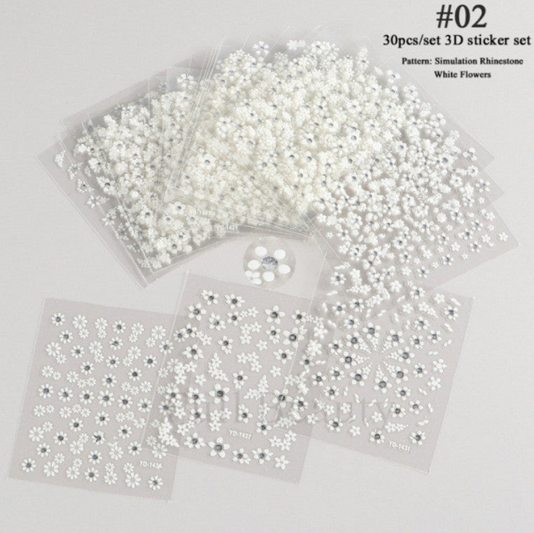 30 Sheets 3D Flower Nail Art Stickers for Manicure Decor - Assorted Styles