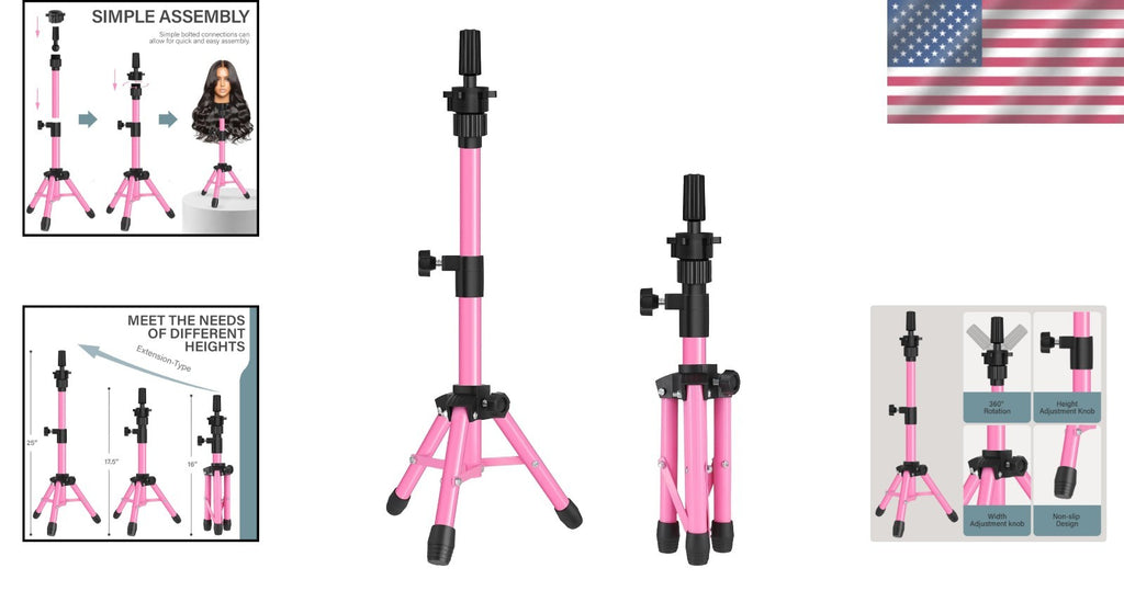 Adjustable Tripod Wig Stand - 25-Inch Mannequin Head Holder in Pink