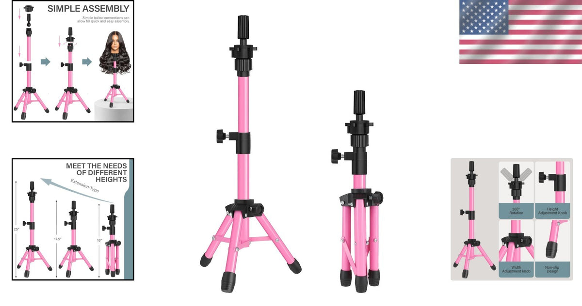 Adjustable Tripod Wig Stand - 25-Inch Mannequin Head Holder in Pink