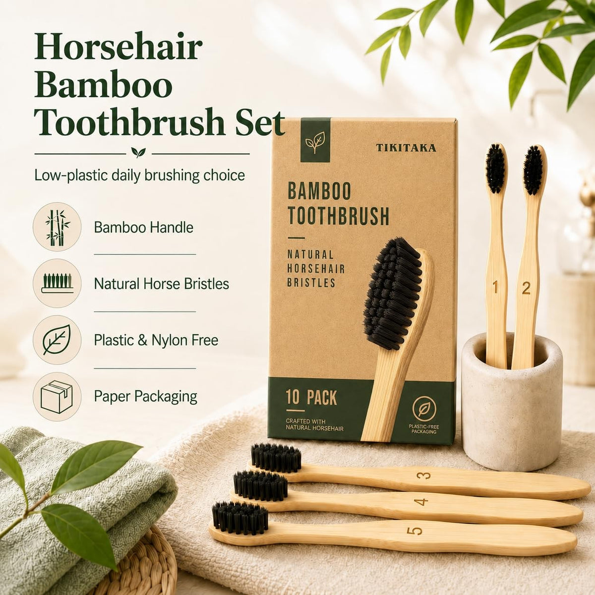 Eco-Friendly Horse Hair Bamboo Toothbrush Set of 10 - Plastic-Free Natural Oral Care