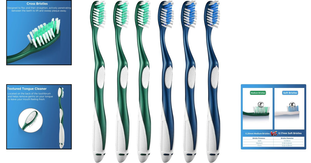 Adult Medium Toothbrush Set with Flexible Cross Bristles and Tongue Cleaner - 6 Pack