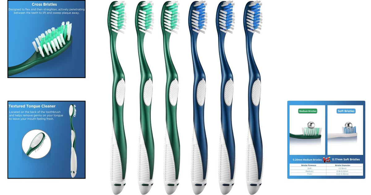 Adult Medium Toothbrush Set with Flexible Cross Bristles and Tongue Cleaner - 6 Pack