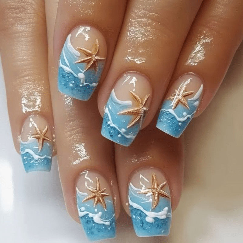48pcs Short Square Press-On Nails with Blue Wave & Starfish Beach Design