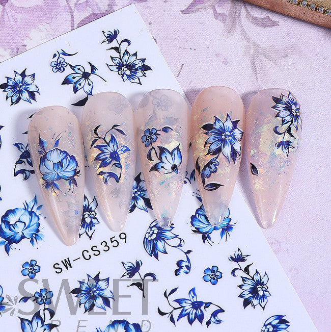 Blue Floral Nail Stickers 2 Sheets Self-Adhesive 3D Floral Decals for Nails