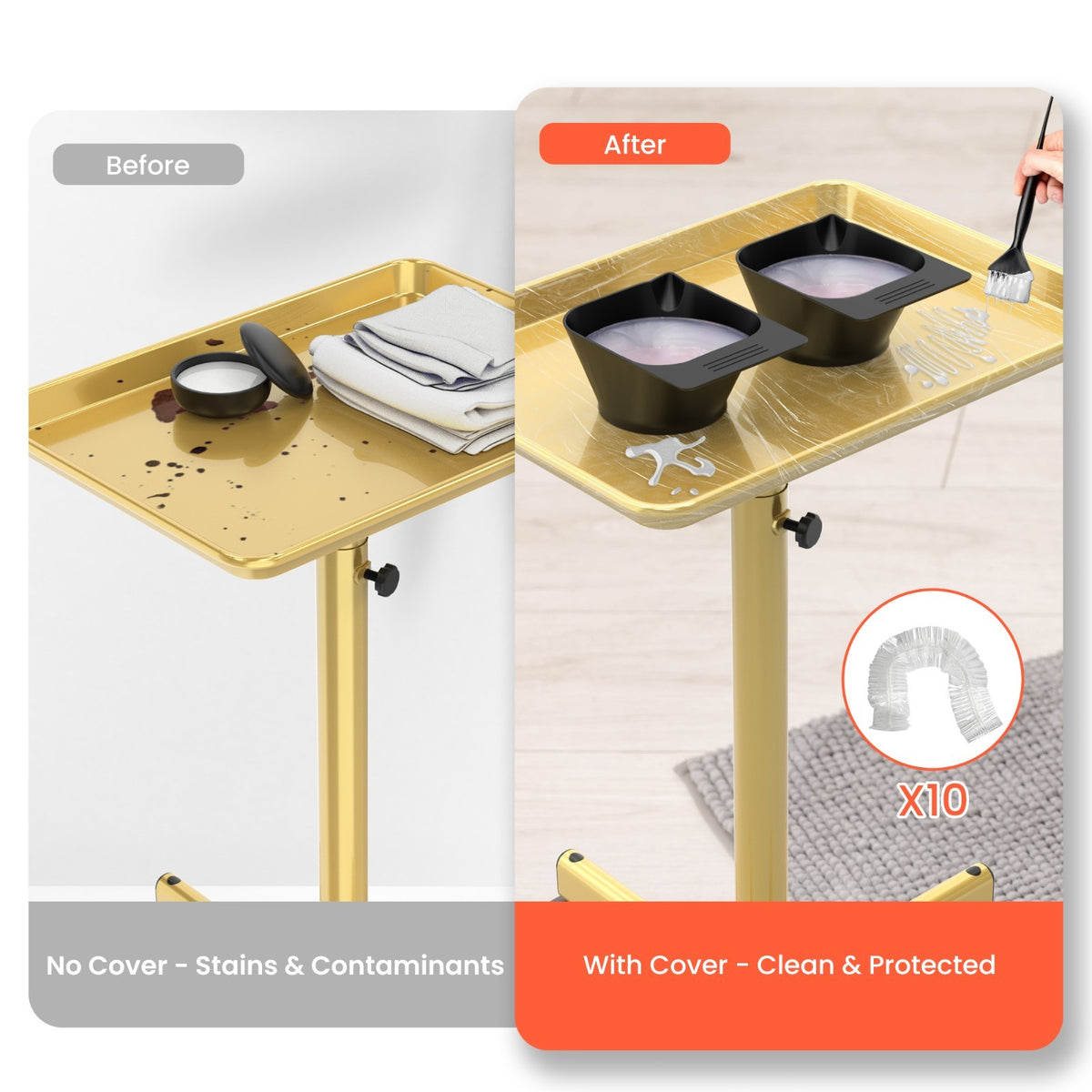 Adjustable Salon Rolling Trolley on Wheels - Gold Aluminum Hair & Tattoo Tray