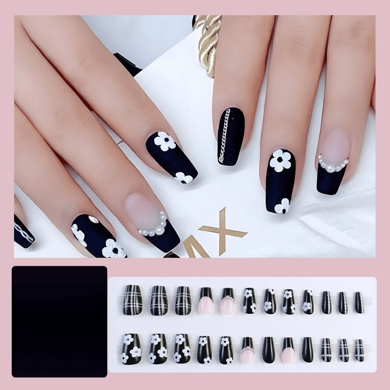 48 Pcs Black White Flower Press on Nails Medium Coffin Matte Fake Nails