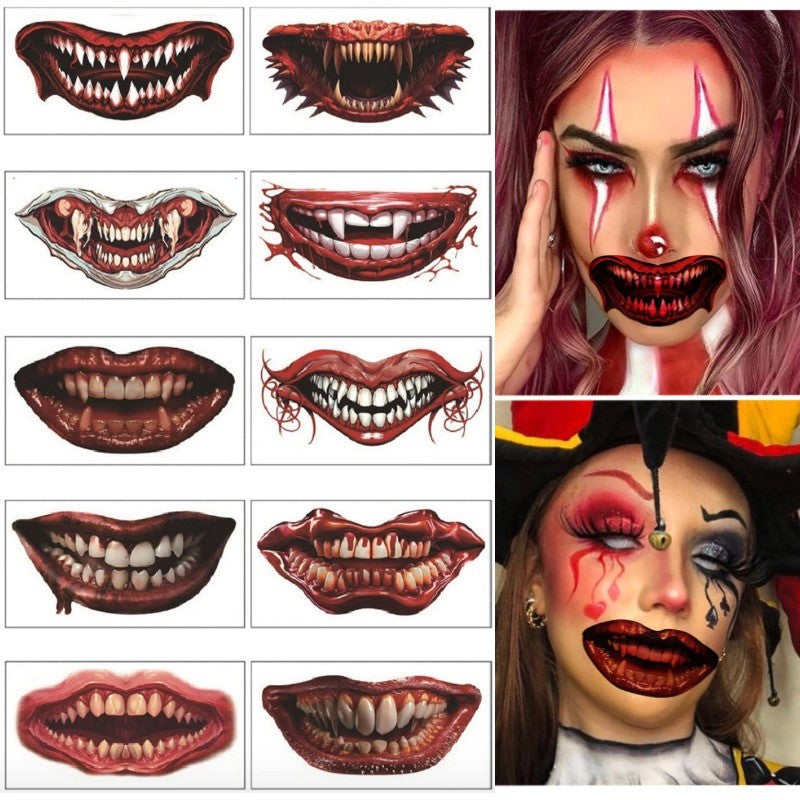 Halloween Prank Makeup Tattoo - Big Mouth Face Horror Stickers (10 pcs)