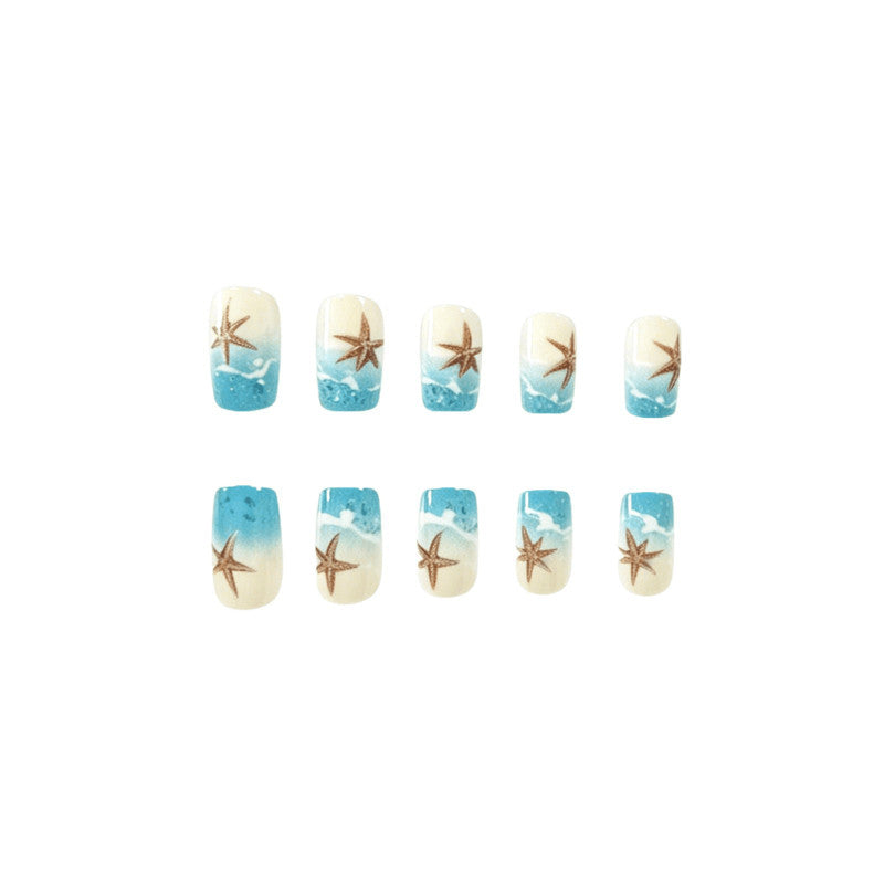 48pcs Short Square Press-On Nails with Blue Wave & Starfish Beach Design