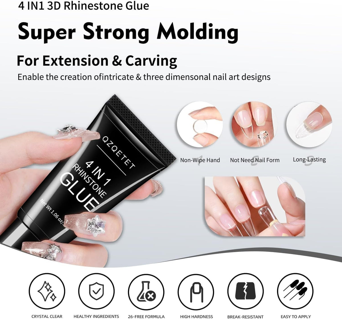 4-in-1 Rhinestone Nail Glue 30g Strong Adhesive Gel with Glitter for Nail Art