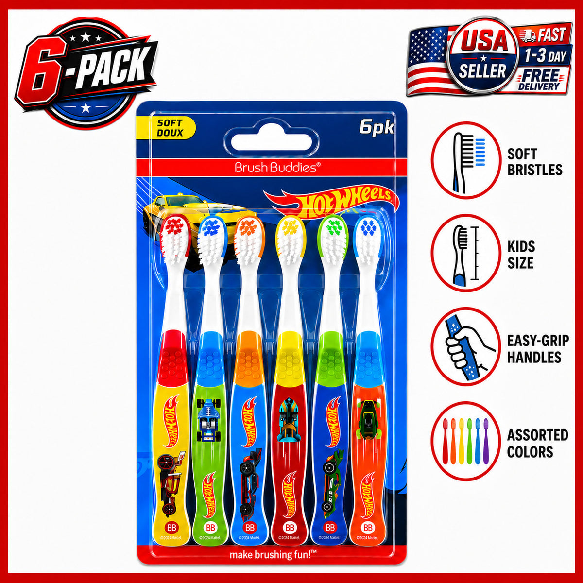 Kids Toothbrush Set 6 Pack - Soft Bristles & Racing Design, Toddler Oral Care