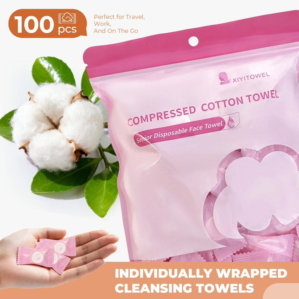 Compressed Face Towels Tablets - Reusable Travel Mini Towels (100 Pack, Pink)