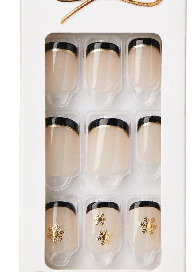 Short Length Black French Press-On Nails with Gold Snowflakes - Fake Nails